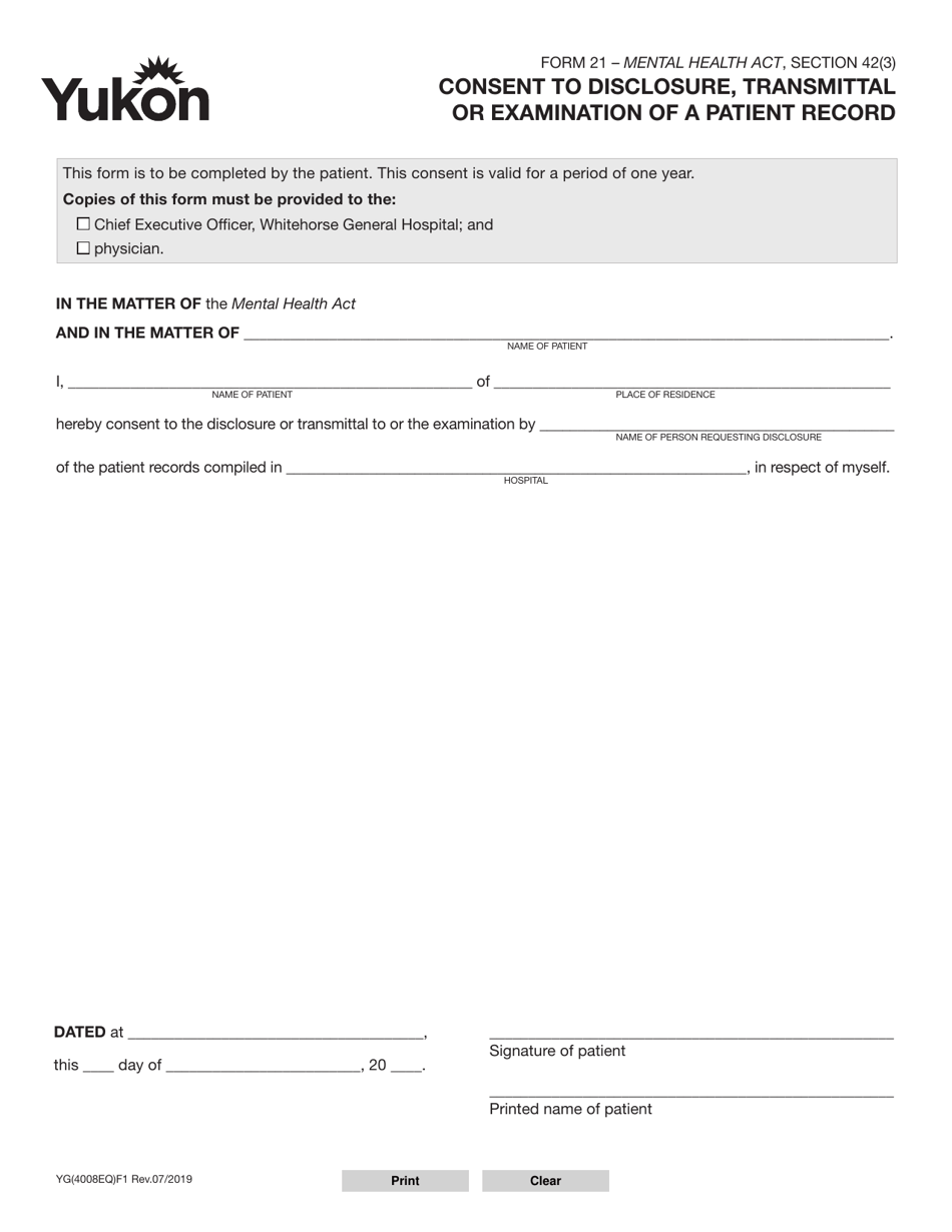 Form 21 (YG4008) Consent to Disclosure, Transmittal or Examination of a Patient Record - Yukon, Canada, Page 1