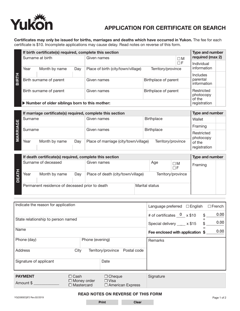 Form YG3385 Fill Out, Sign Online and Download Fillable PDF, Yukon