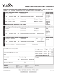 Form YG3385 Application for Certificate or Search - Yukon, Canada