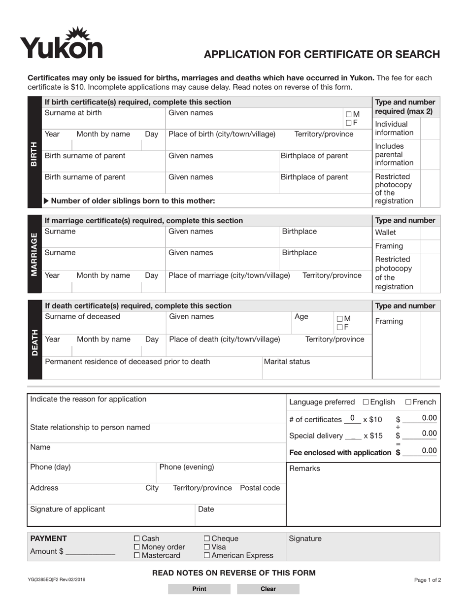 Form YG3385 Application for Certificate or Search - Yukon, Canada, Page 1