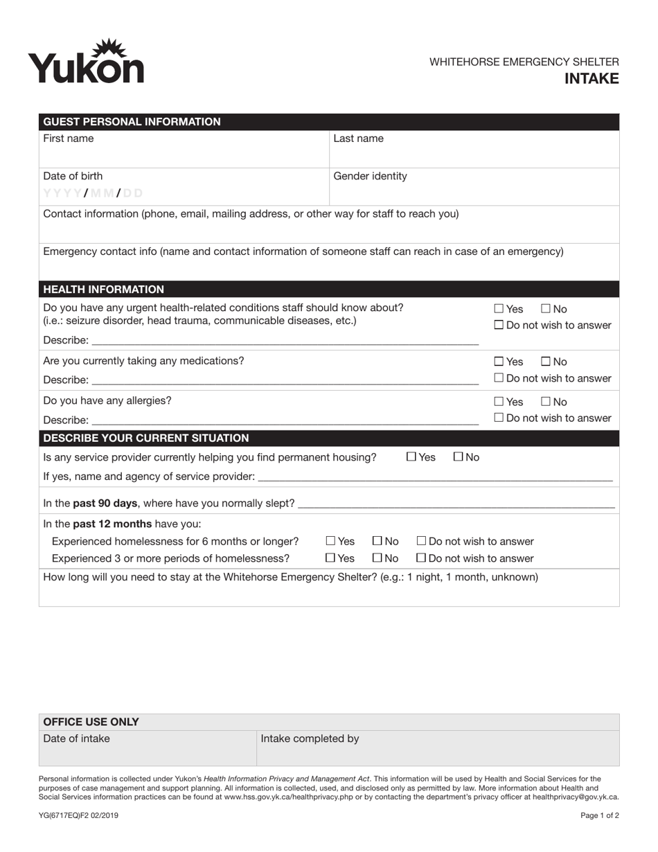 Form YG6717 Whitehorse Emergency Shelter Intake - Yukon, Canada, Page 1