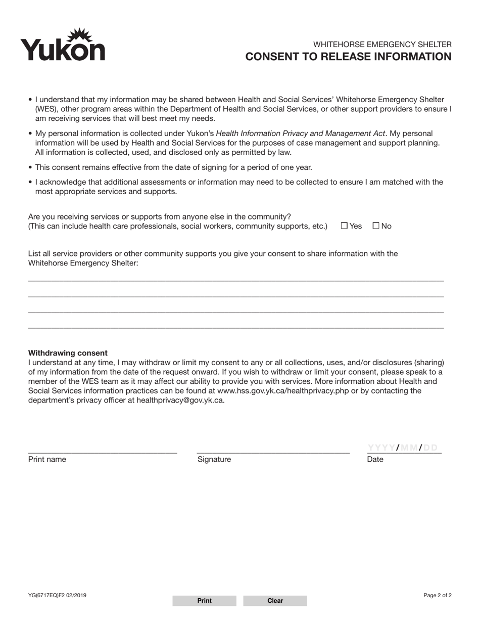 Form YG6717 Whitehorse Emergency Shelter Intake - Yukon, Canada, Page 2