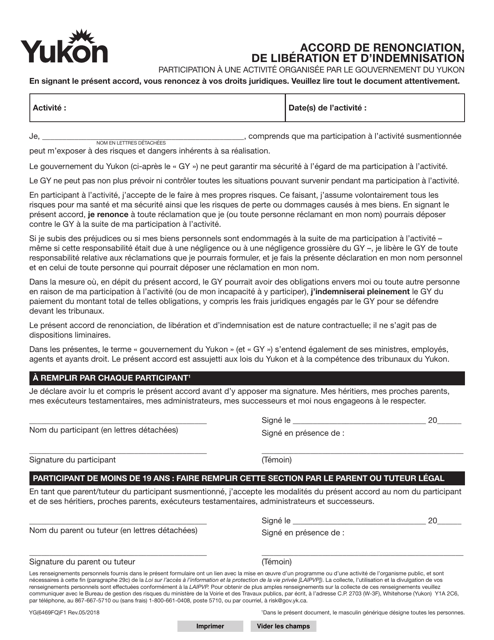 Forme YG6469 Accord De Renonciation, De Liberation Et D'indemnisation - Yukon, Canada (French)