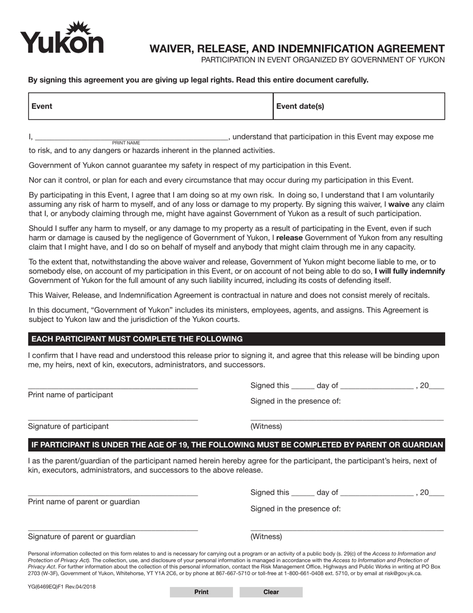 Form YG6469 Waiver, Release, and Indemnification Agreement - Yukon, Canada, Page 1