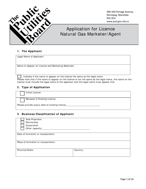 Application for License Natural Gas Marketer / Agent - Manitoba, Canada Download Pdf