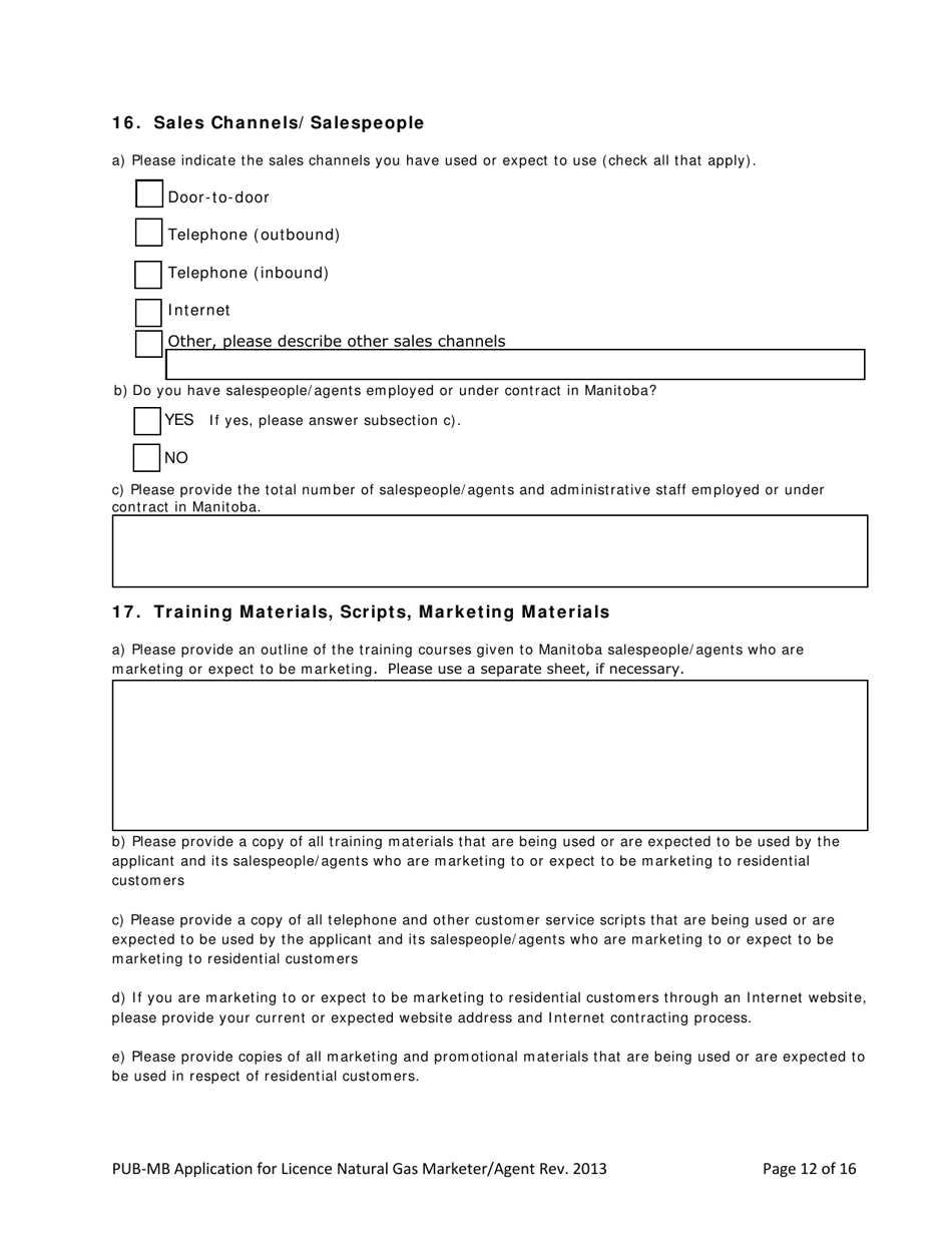 Application for License Natural Gas Marketer / Agent - Manitoba, Canada, Page 12