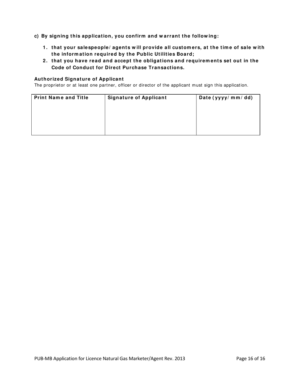 Application for License Natural Gas Marketer / Agent - Manitoba, Canada, Page 16