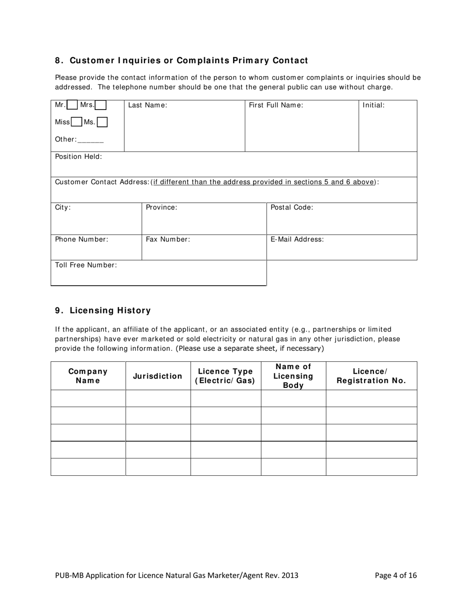 Application for License Natural Gas Marketer / Agent - Manitoba, Canada, Page 4