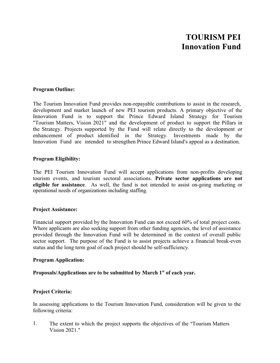 Tourism Pei Innovation Fund Form - Prince Edward Island, Canada, Page 1