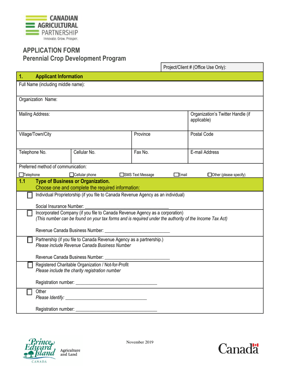 Parennial Crop Development Program Application Form - Prince Edward Island, Canada, Page 1