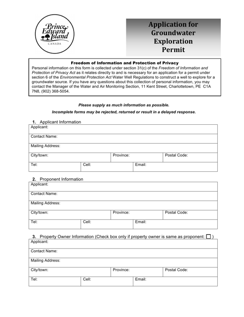 Application for Groundwater Exploration Permit - Prince Edward Island, Canada Download Pdf