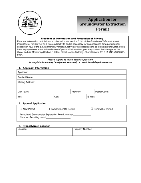 Application for Groundwater Extraction Permit - Prince Edward Island, Canada Download Pdf