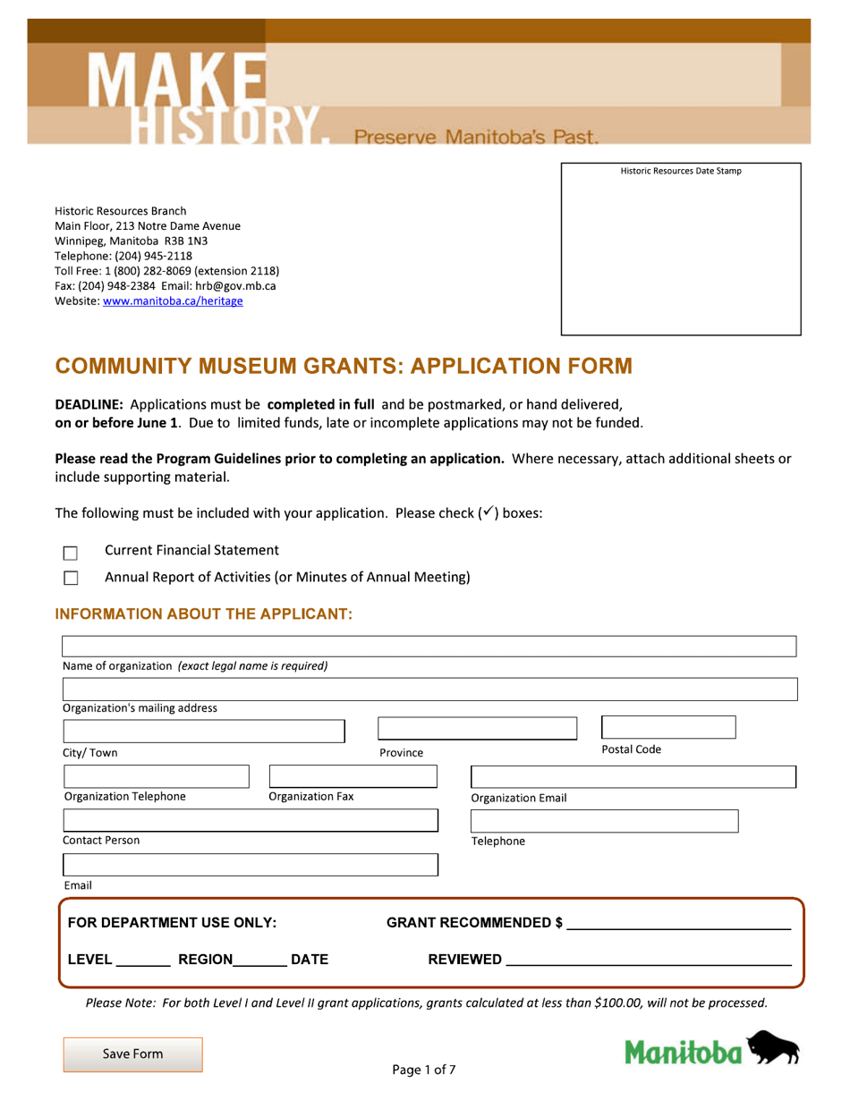 Community Museum Grants: Application Form - Manitoba, Canada, Page 1