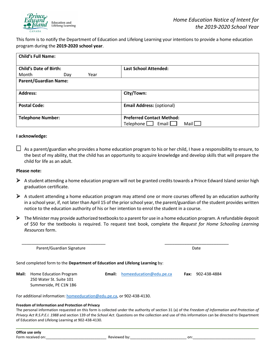 Home Education Notice of Intent - Prince Edward Island, Canada, Page 1