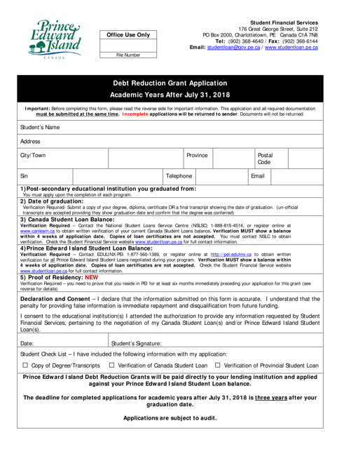 Debt Reduction Grant Application Academic Years After July 31, 2018 - Prince Edward Island, Canada Download Pdf