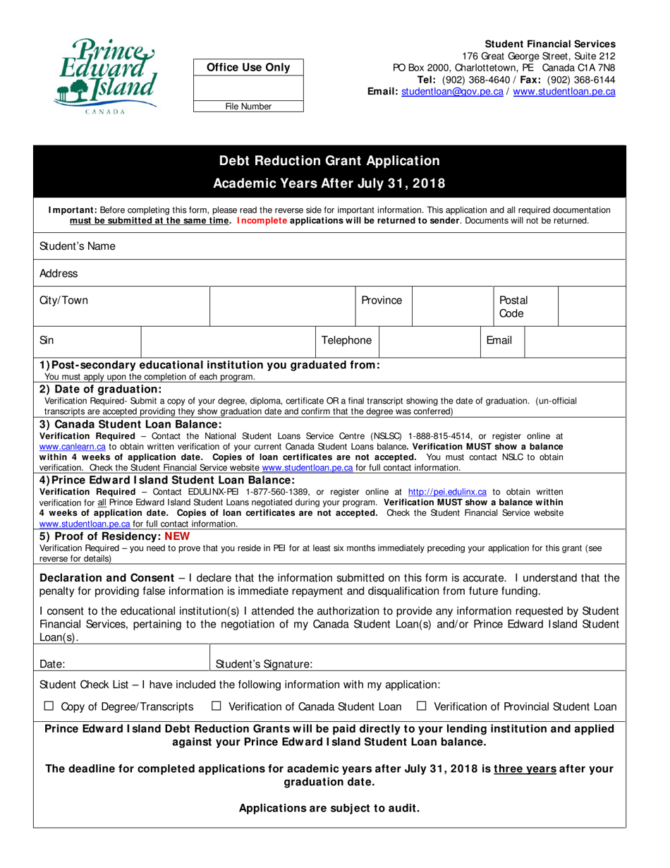 Debt Reduction Grant Application Academic Years After July 31, 2018 - Prince Edward Island, Canada, Page 1