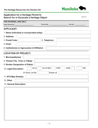 Form 16 &quot;Application for a Heritage Permit to Search for or Excavate a Heritage Object&quot; - Manitoba, Canada
