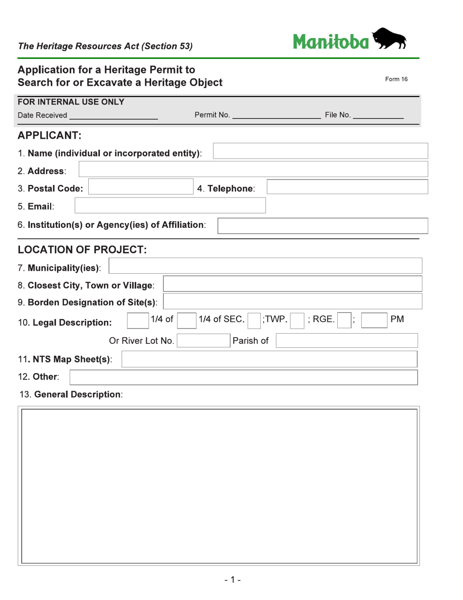 Form 16 Application for a Heritage Permit to Search for or Excavate a Heritage Object - Manitoba, Canada, Page 1