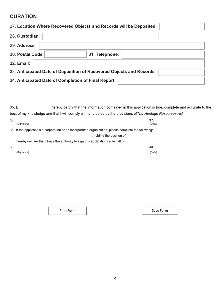 Form 16 Application for a Heritage Permit to Search for or Excavate a Heritage Object - Manitoba, Canada, Page 4