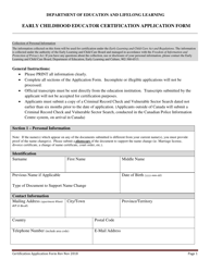 Document preview: Early Childhood Educator Certification Application Form - Prince Edward Island, Canada