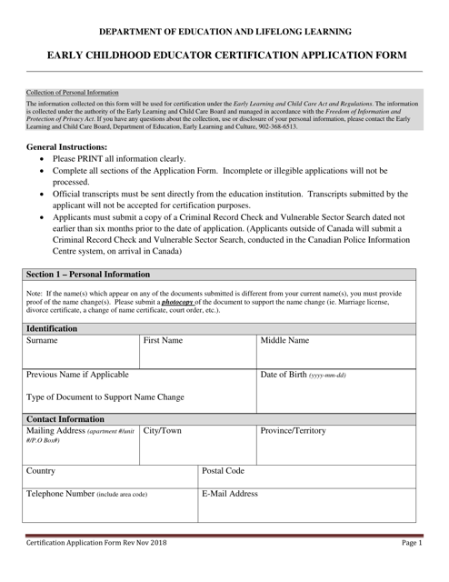 Early Childhood Educator Certification Application Form - Prince Edward Island, Canada Download Pdf