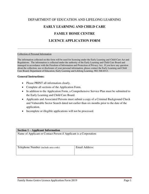 Early Learning and Child Care Family Home Centre Licence Application Form - Prince Edward Island, Canada Download Pdf
