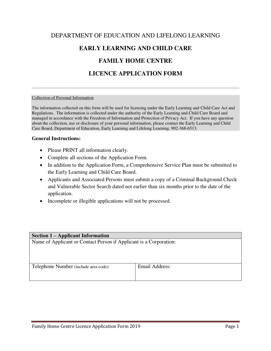 Early Learning and Child Care Family Home Centre Licence Application Form - Prince Edward Island, Canada, Page 1