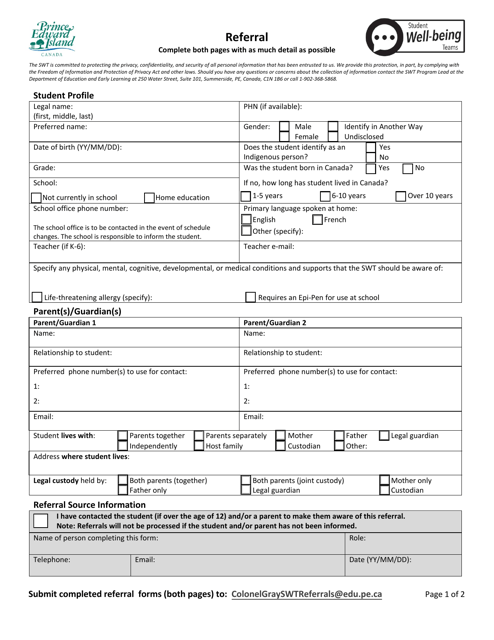 Pei Student Well-Being Team Referral Form - Colonel Gray - Prince Edward Island, Canada Download Pdf