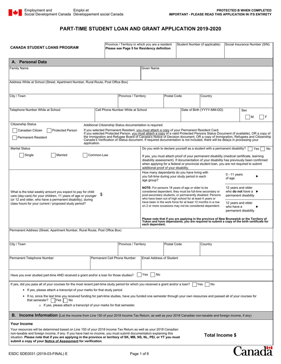 Form ESDC SDE0031 Part-Time Student Loan and Grant Application - Canada, Page 1