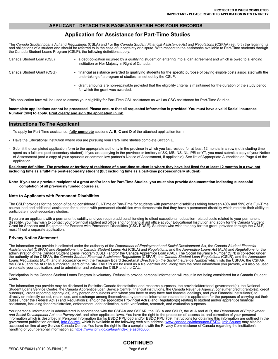 Form ESDC SDE0031 Part-Time Student Loan and Grant Application - Canada, Page 5