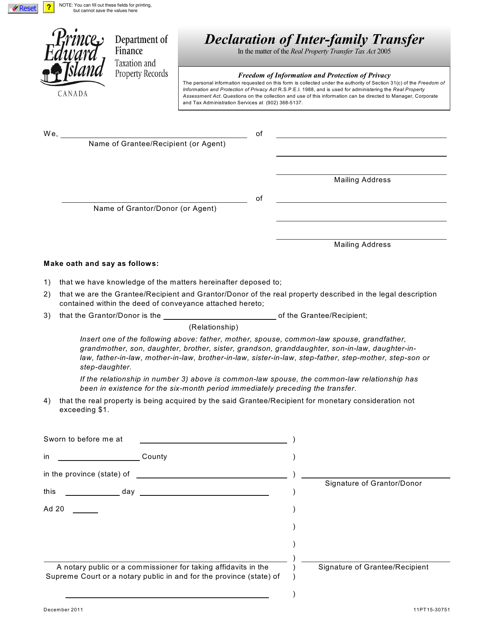 Declaration of Inter-Family Transfer - Prince Edward Island, Canada Download Pdf
