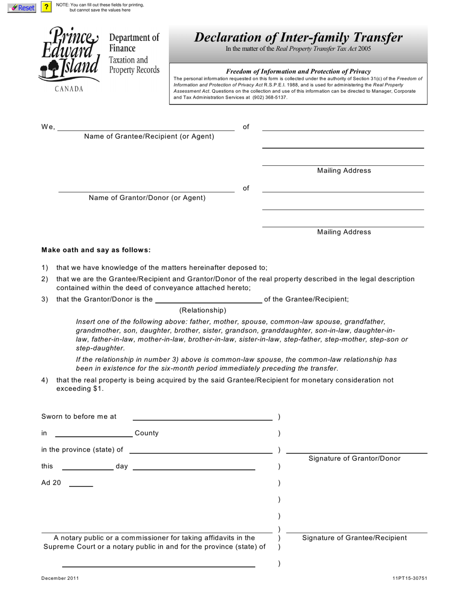 Declaration of Inter-Family Transfer - Prince Edward Island, Canada, Page 1