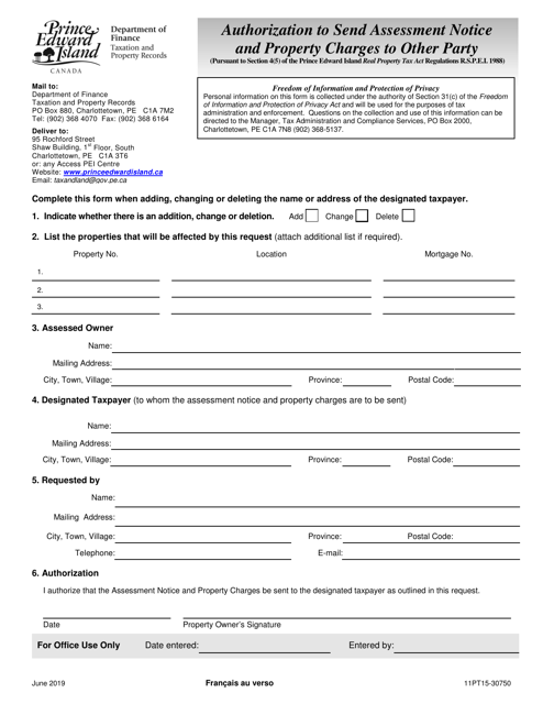 Authorization to Send Assessment Notice and Property Charges to Other Party - Prince Edward Island, Canada Download Pdf