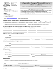 Document preview: Form 11PT15-30753 Request for Change of Assessed Owner's Name or Address - Prince Edward Island, Canada