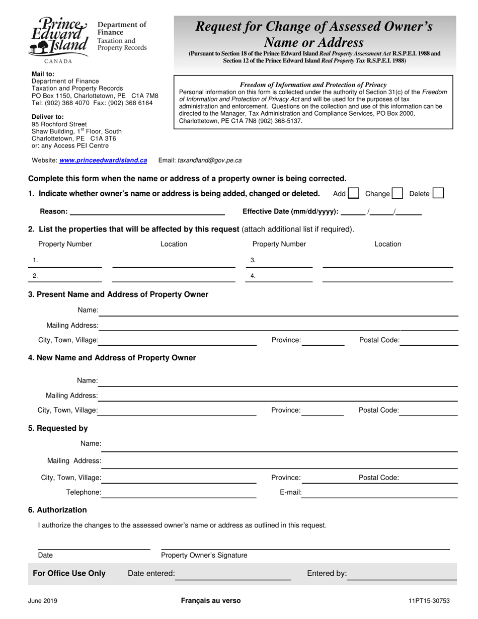 Form 11PT15-30753 Request for Change of Assessed Owners Name or Address - Prince Edward Island, Canada, Page 1