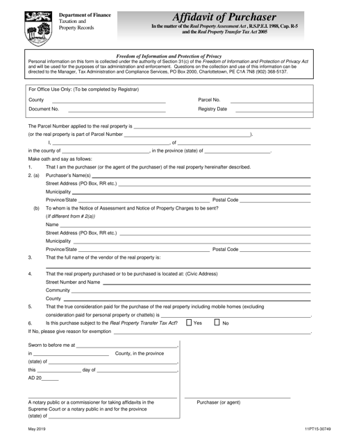 Form 11PT15-30749 Affidavit of Purchaser - Prince Edward Island, Canada