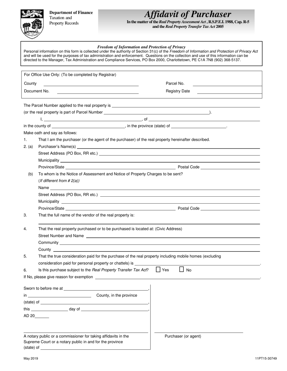 Form 11PT15-30749 Affidavit of Purchaser - Prince Edward Island, Canada, Page 1