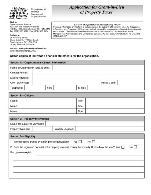 Form 11PT15-30655 Application for Grant-In-lieu of Property Taxes - Prince Edward Island, Canada