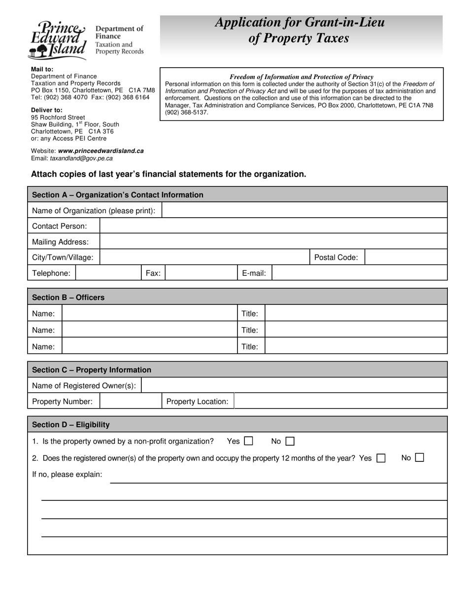 Form 11PT15-30655 Application for Grant-In-lieu of Property Taxes - Prince Edward Island, Canada, Page 1