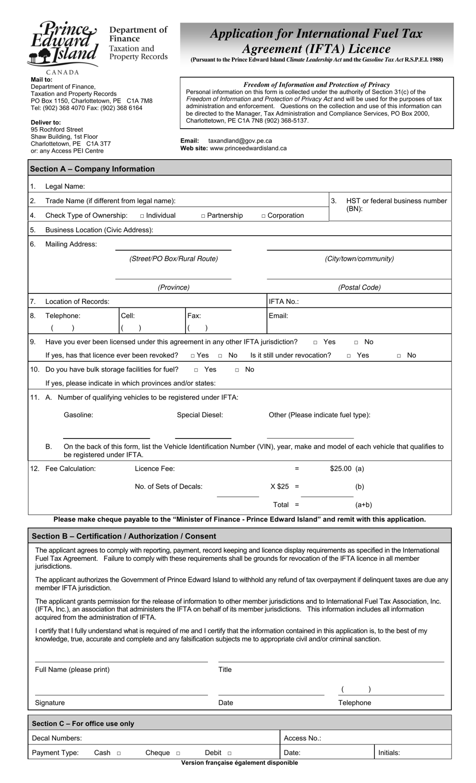 Application for International Fuel Tax Agreement (Ifta) License - Prince Edward Island, Canada, Page 1