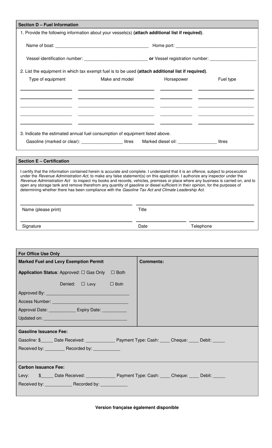Application for Marked Gasoline and / or Marked Diesel Oil and Levy Exemption Permit for Fishers - Prince Edward Island, Canada, Page 2