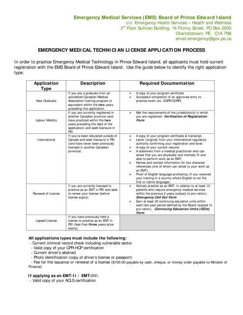Emergency Medical Technician License Application Form - Prince Edward Island, Canada Download Pdf