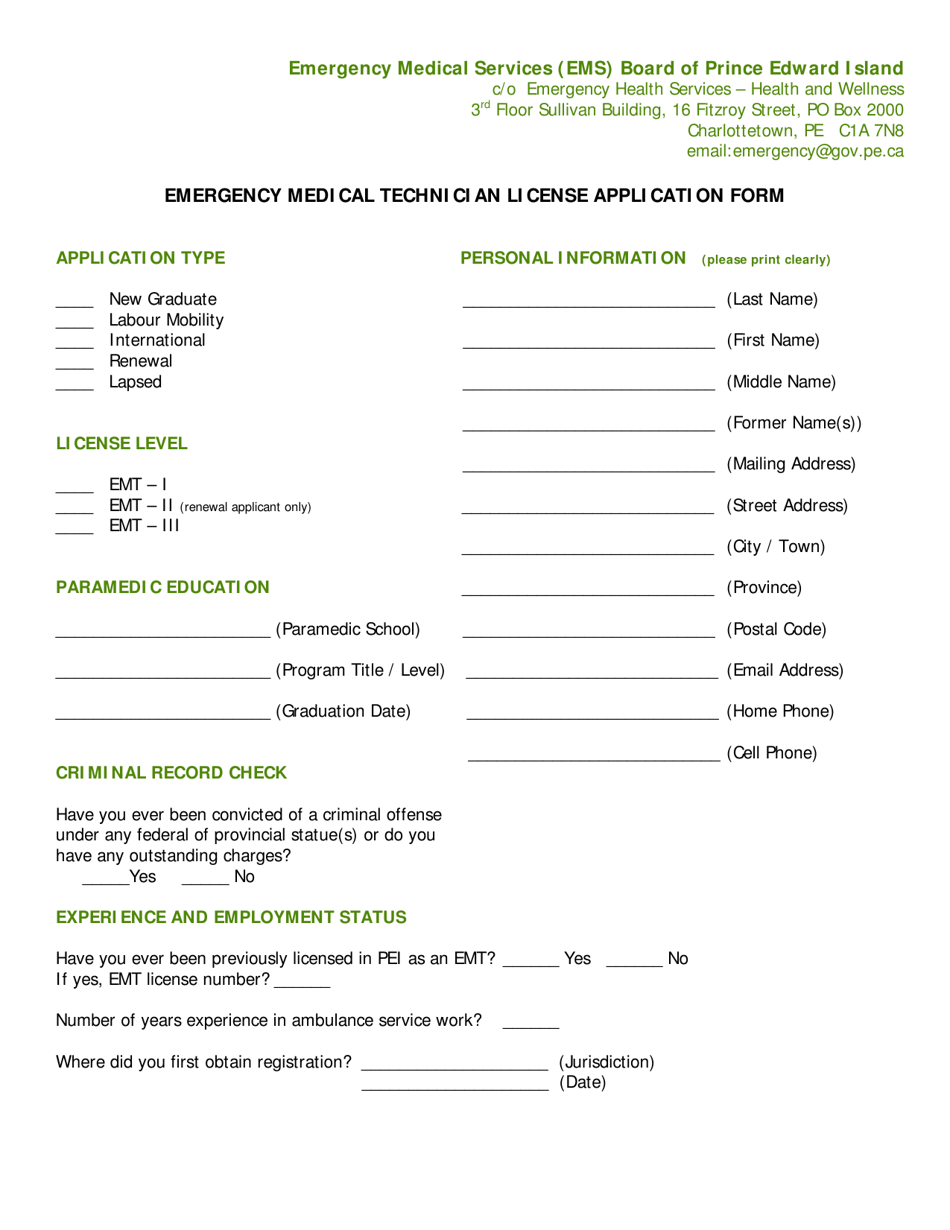 Emergency Medical Technician License Application Form - Prince Edward Island, Canada, Page 2