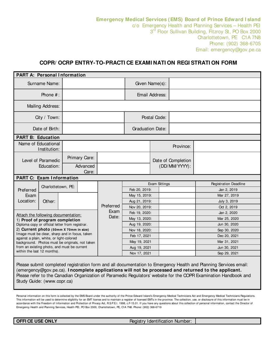 Copr / Ocrp Entry-To-Practice Examination Registration Form - Prince Edward Island, Canada, Page 1