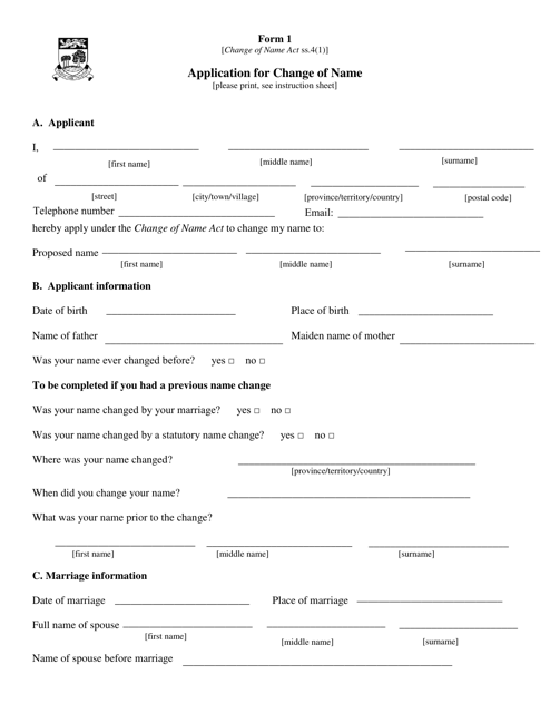Form 1 Application for Change of Name - Prince Edward Island, Canada