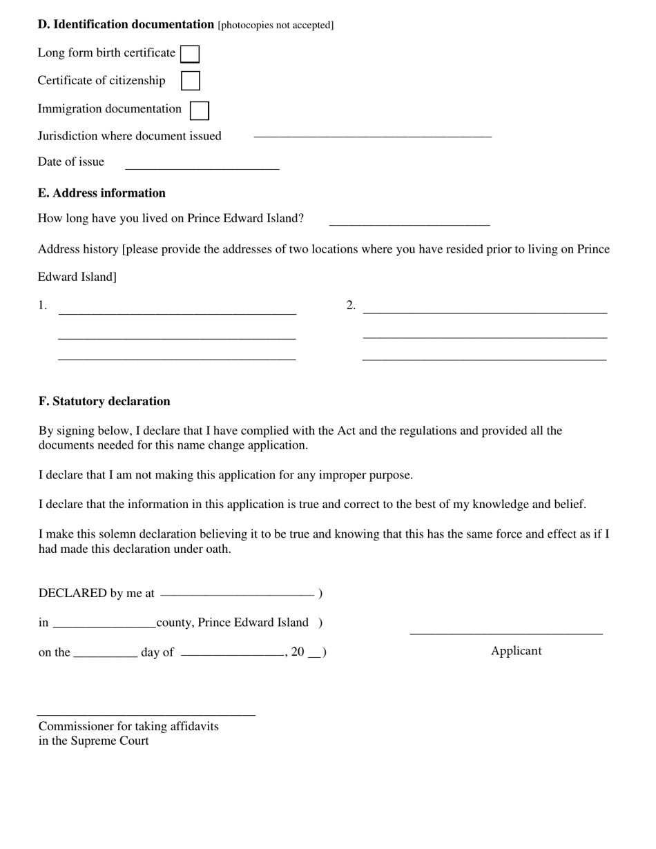 Form 1 Application for Change of Name - Prince Edward Island, Canada, Page 2