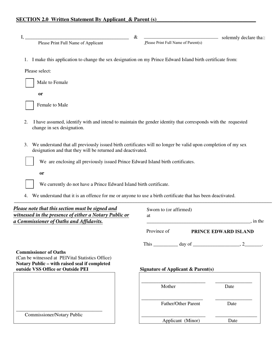 Prince Edward Island Canada Change Of Sex Designation Minor Application 