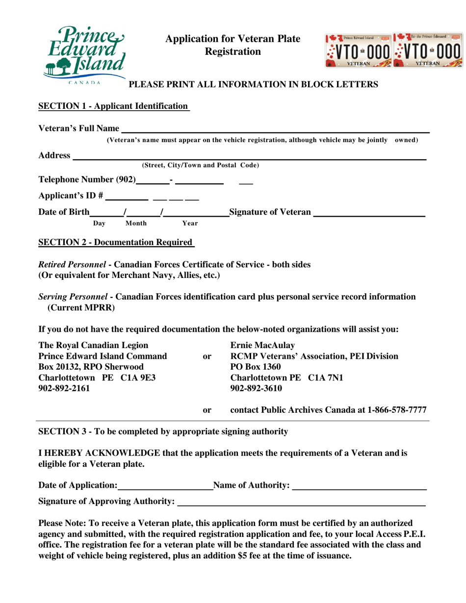 Application for Veteran Plate Registration - Prince Edward Island, Canada, Page 1