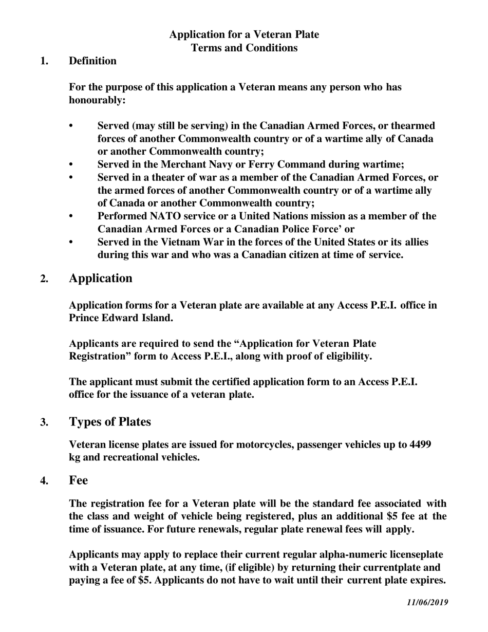 Application for Veteran Plate Registration - Prince Edward Island, Canada, Page 2