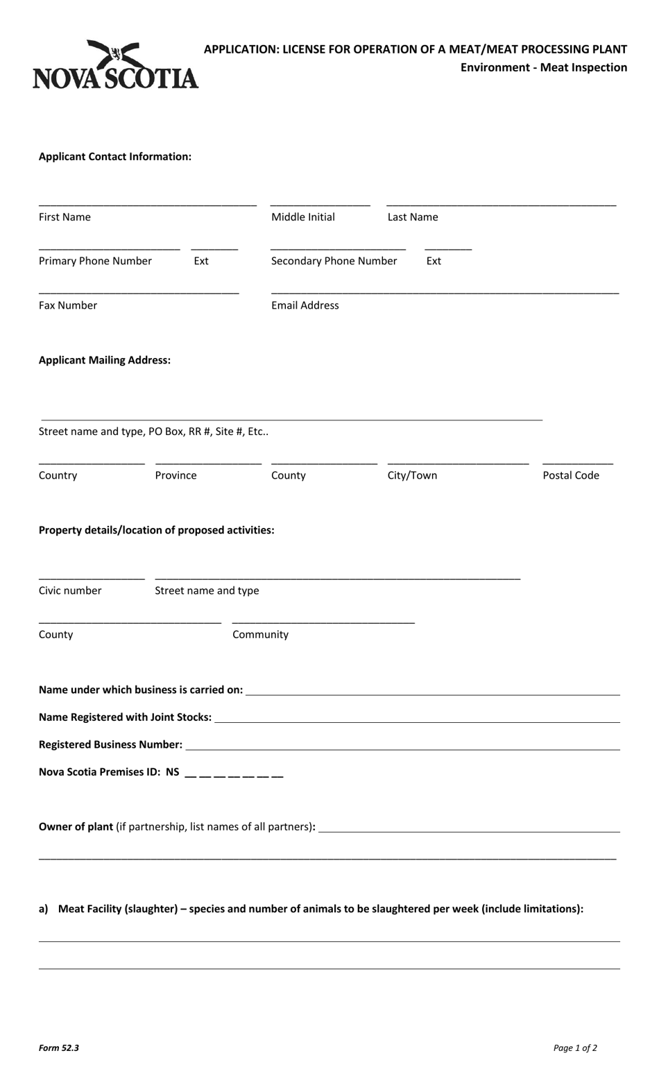 Form 52.3 Application: License for Operation of a Meat / Meat Processing Plant - Nova Scotia, Canada, Page 1